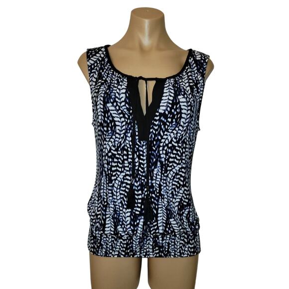 White House Black Market Size Small Blue Abstract V-Neck Ruched Bottom Tank Top - Picture 1 of 7